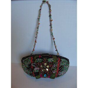 Pritzi Purse Bag Multi Colored Flower Hand Beaded Cloth Ruffled Blue Oval Stone